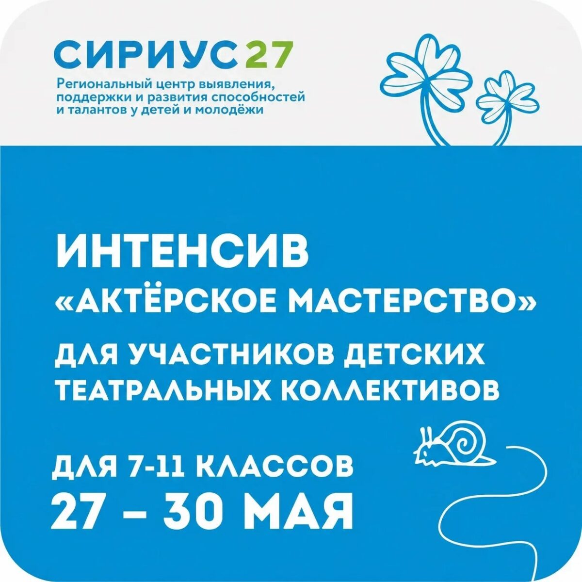 С 27 по 30 мая на базе КГАНОУ КЦО и РЦ «Сириус27» проходил интенсив по Актёрскому мастерству